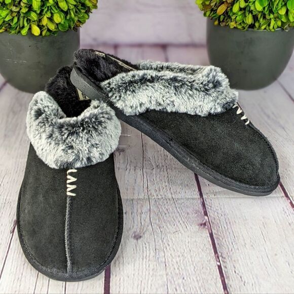 Black Faux Fur House Slipper Scuff Memory Foam Slip On Anti-Skid Sole - Picture 1 of 9